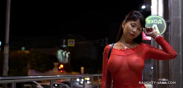  Red transparent dress in public